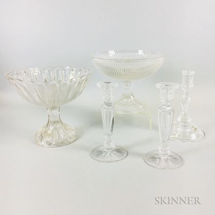 Two Colorless Glass Compotes and Three Candlesticks