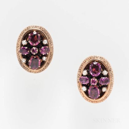 14kt Gold Pink Tourmaline, Amethyst, and Seed Pearl Earrings