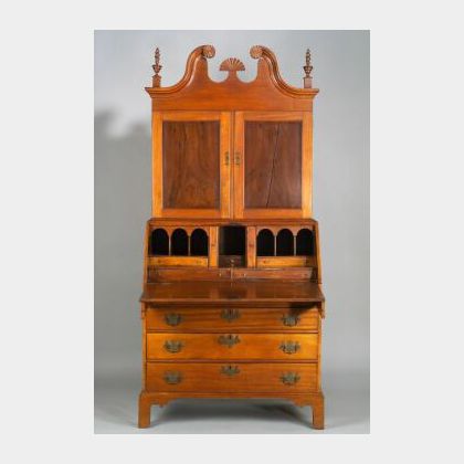 Chippendale Mahogany and Maple Scroll-top Desk/Bookcase
