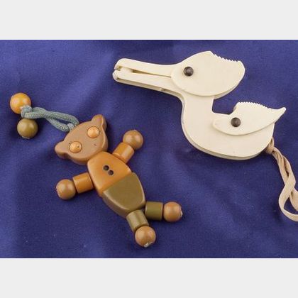 Bakelite Teddy Bear Crib Toy and Celluloid Stork
