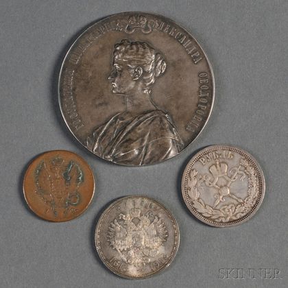 Russian Silver Medal and Three Russian Coins