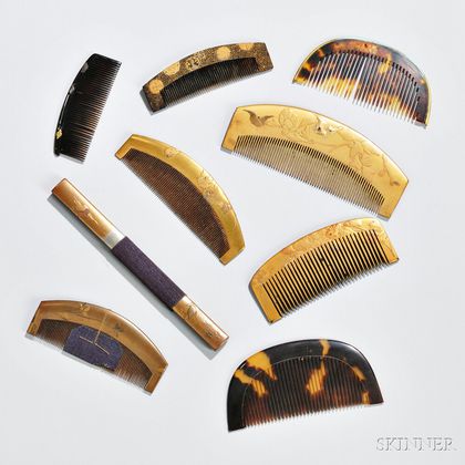 Eight Assorted Kushi Combs and a Stick Kanzashi Hairpin