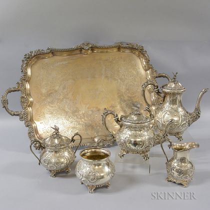 Five-piece Silver-plated Tea Set and Tray