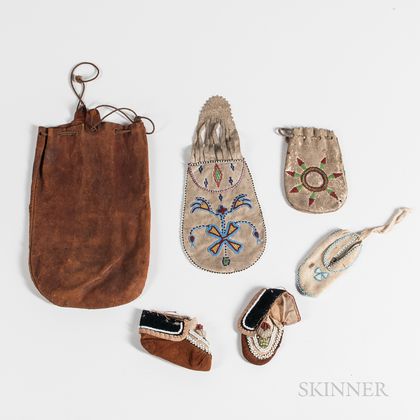 Three Plains Hide Pouches and Three Infant's Moccasins