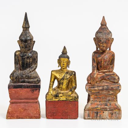 Three Burmese Polychrome Wooden Buddhas