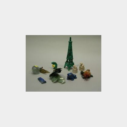 Group of Nine Small Figural Hardstone Articles, Asia, 20th century, comprising malachite figures of the Eiffel Tower, and a rabbit; sod