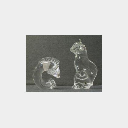 Steuben Colorless Glass Leaping Fish Figure and Swedish Colorless Glass Seated Cat. 