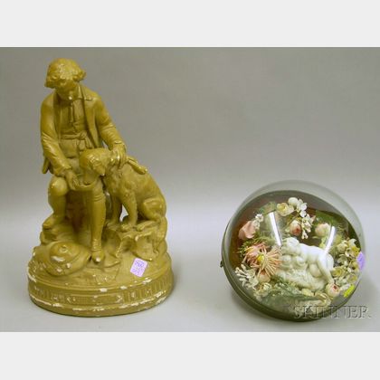 Victorian Bisque Figural and Cloth Floral Arrangement Under Glass Dome and a Wests Composition Statuary True ... 