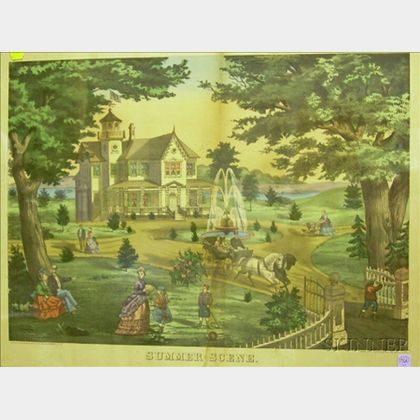Walnut Framed Currier & Ives Large Folio Hand-colored Summer Scene
