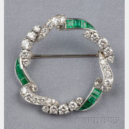 Platinum, Emerald, and Diamond Circle Brooch, McTeigue