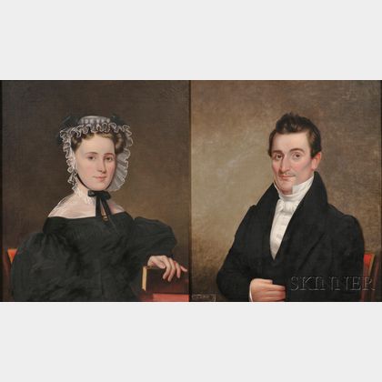 Attributed to James Sullivan Lincoln (Rhode Island, 1811-1888) Pair of Portraits of Robert Orrell and His Wife Ann Walsh Dickens of Pro