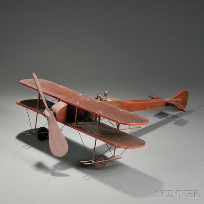 Red-painted Wood Copper and Twisted Wire Biplane