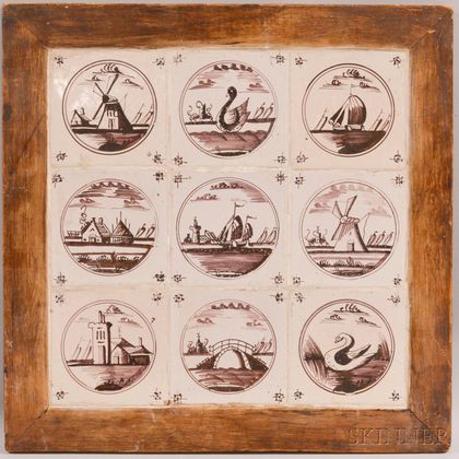 Nine Dutch Delft Manganese Pictorial Tiles in a Common Frame