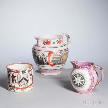 Three Staffordshire Transfer-decorated Pink Lusterware Table Items