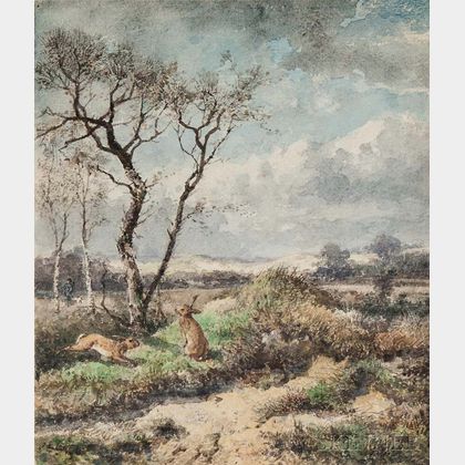 Johann Mari Henri ten Kate (Dutch, 1831-1910) November Day /Landscape with Rabbits and Hunter in the Distance