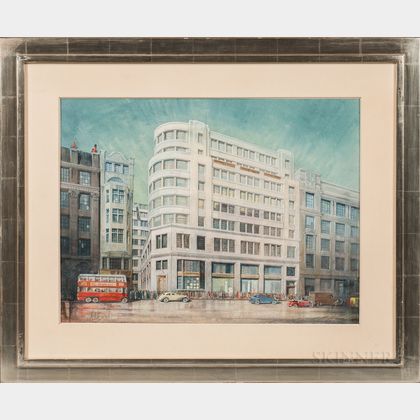 British School, 20th Century Architectural Watercolor Drawing: Modernist Building on a London Street