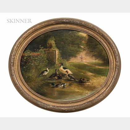 Carl Jutz (German, 1838-1916) Two Genre Scenes: Ducks and Ducklings by a Barnyard Water Trough