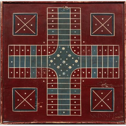 Painted Two-sided Parcheesi and Checkers Game Board