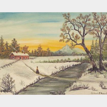 American School, 19th Century Winter Landscape with Cottage and Figure.
