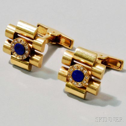 Pair of 18kt Gold, Lapis, and Diamond Cuff Links