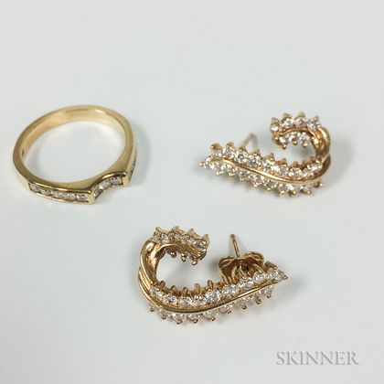 14kt Gold and Diamond Ring and a Pair of Earrings