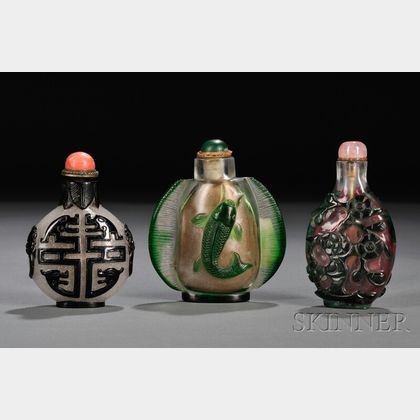 Three Glass Snuff Bottles with Overlay