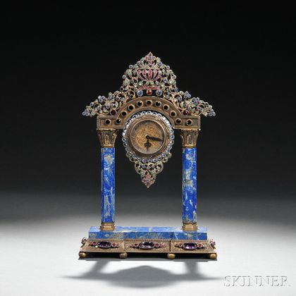 Continental Silver, Gilt-metal, Lapis Lazuli, and Jewel-encrusted Mantel Clock