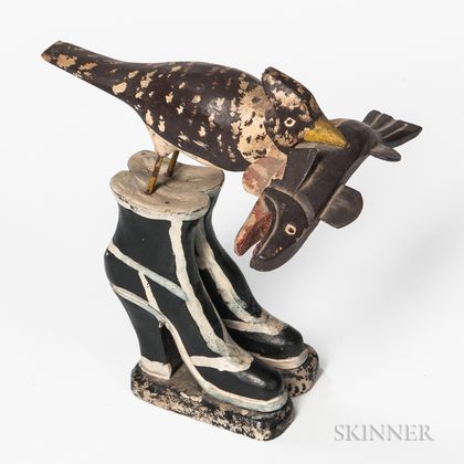 Polychrome Painted Bird and Fish Carving