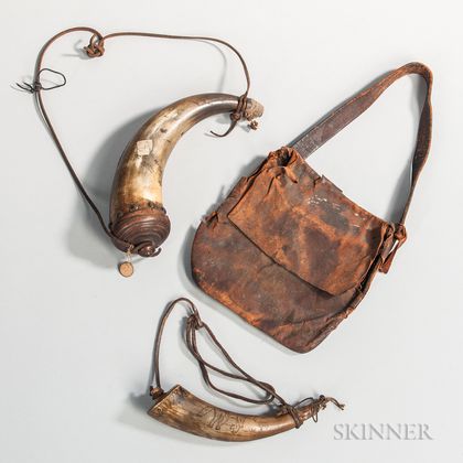 Leather Hunting Pouch and Two Powder Horns