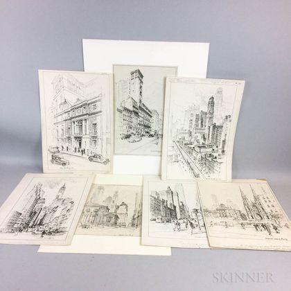 Vernon Howe Bailey (American, 1874-1953) Five City Scene Pen Drawings: Statue of Gen. Sherman, Central... 