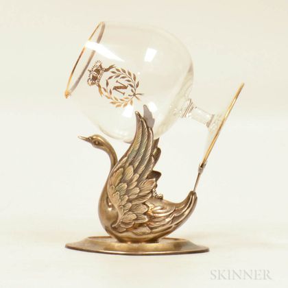 Pedro Duran Spanish Silver Swan-form Brandy Warmer, the spreadwing swan base marked Pedro Duran supporting a gilt colorless glass sni 