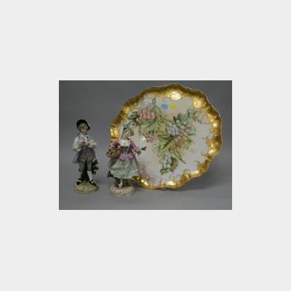 Limoges Handpainted Grapevine Decorated Porcelain Tray and a Pair of German Porcelain Figures. 