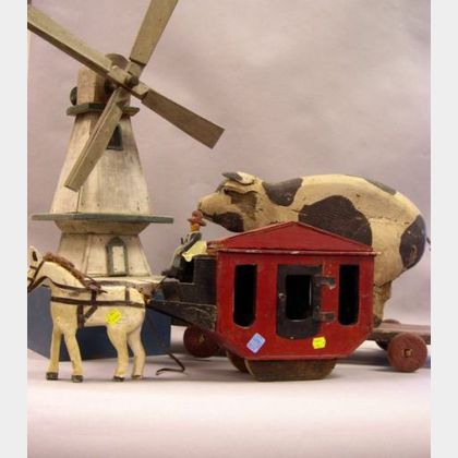 Carved and Painted Toy Wooden Stage Coach and Pig Pull Toy, and a Painted Wooden Windmill Whirligig