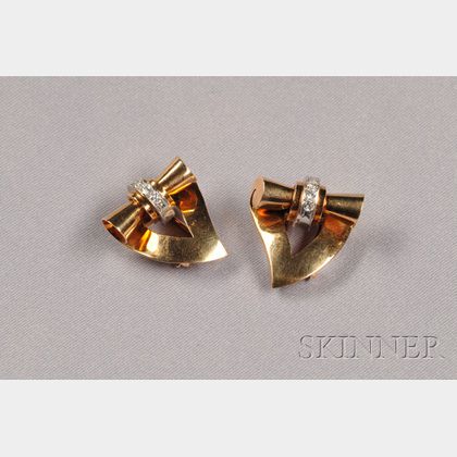 Pair of Retro 14kt Gold and Diamond Dress Clips