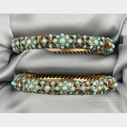 Pair of Gold and Turquoise Bracelets