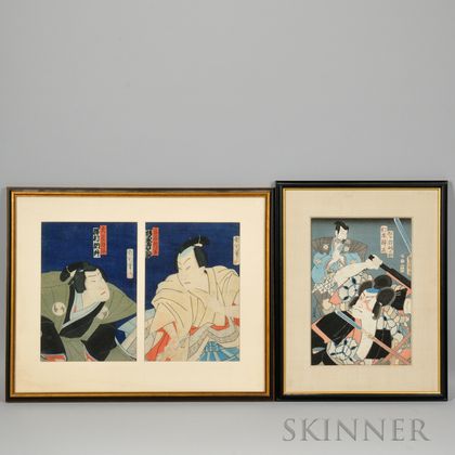 Three Japanese Color Woodblock Prints, one Utagawa Kunisada (1786-1865),of unidentified Kabuki actors, oban tate-e, and two Toyohara K