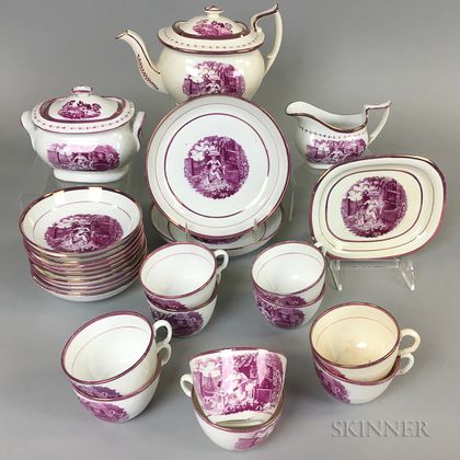 Pink Transfer-decorated Ceramic Tea Service for Ten