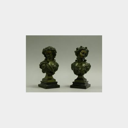 Pair of Patinated Metal Busts of Women