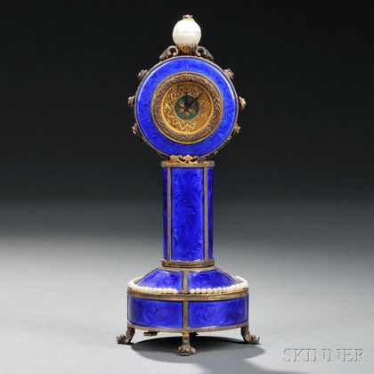 Continental Silver, Gilt-metal, Blue Enamel, and Pearl Musical Clock
