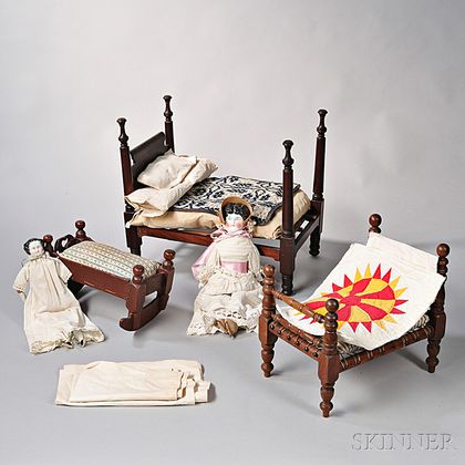 Two Miniature Beds, a Cradle, and Two Porcelain Dolls