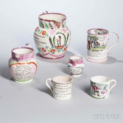 Four Staffordshire Transfer-decorated Pink Lusterware Table Items and Two Franklin's Maxims Mugs