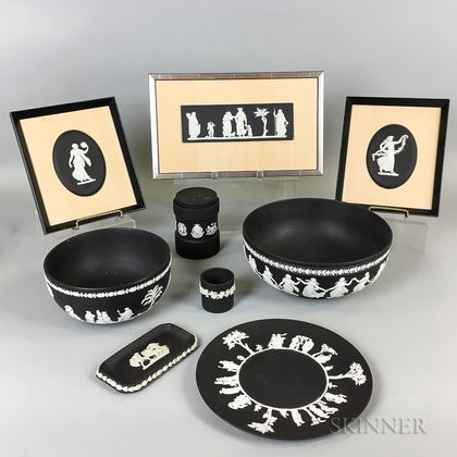 Nine Modern Wedgwood Black Jasper Ceramic Items