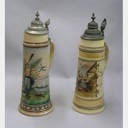 Two German Hand-painted Lidded Stoneware Steins