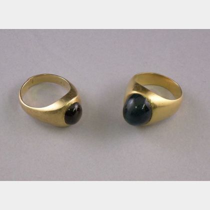 14kt Gold and Black Star Sapphire Ring and 18kt Gold and Cats-Eye Tourmaline Ring. 