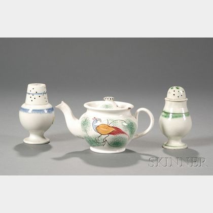 Two Pearlware Pepper Pots and Small Spatterware Teapot