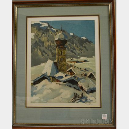 Hans Figura (Austrian, 1898-1978) Snowy Village, possibly Aurach, Tyrol.