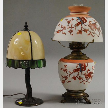 Victorian Italian Renaissance-style Transfer-decorated and Painted Opaque Glass Kerosene Table Lamp and Slag Glass and Patinated Bronze