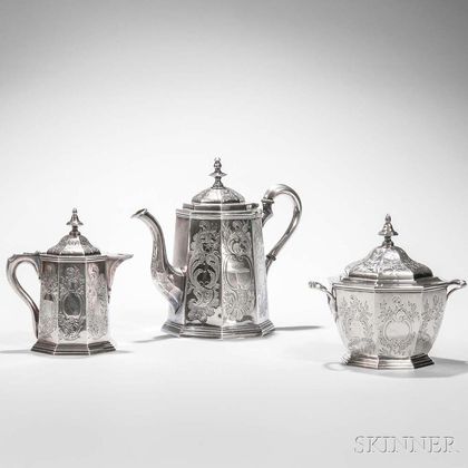 Three-piece Jones, Ball & Poor Coin Silver Tea Service