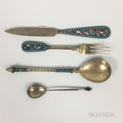 Four Pieces of Russian Enameled Flatware