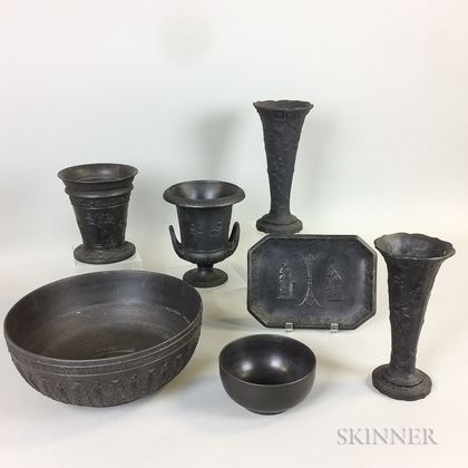 Seven Mostly 19th Century Wedgwood Black Basalt Ceramic Items